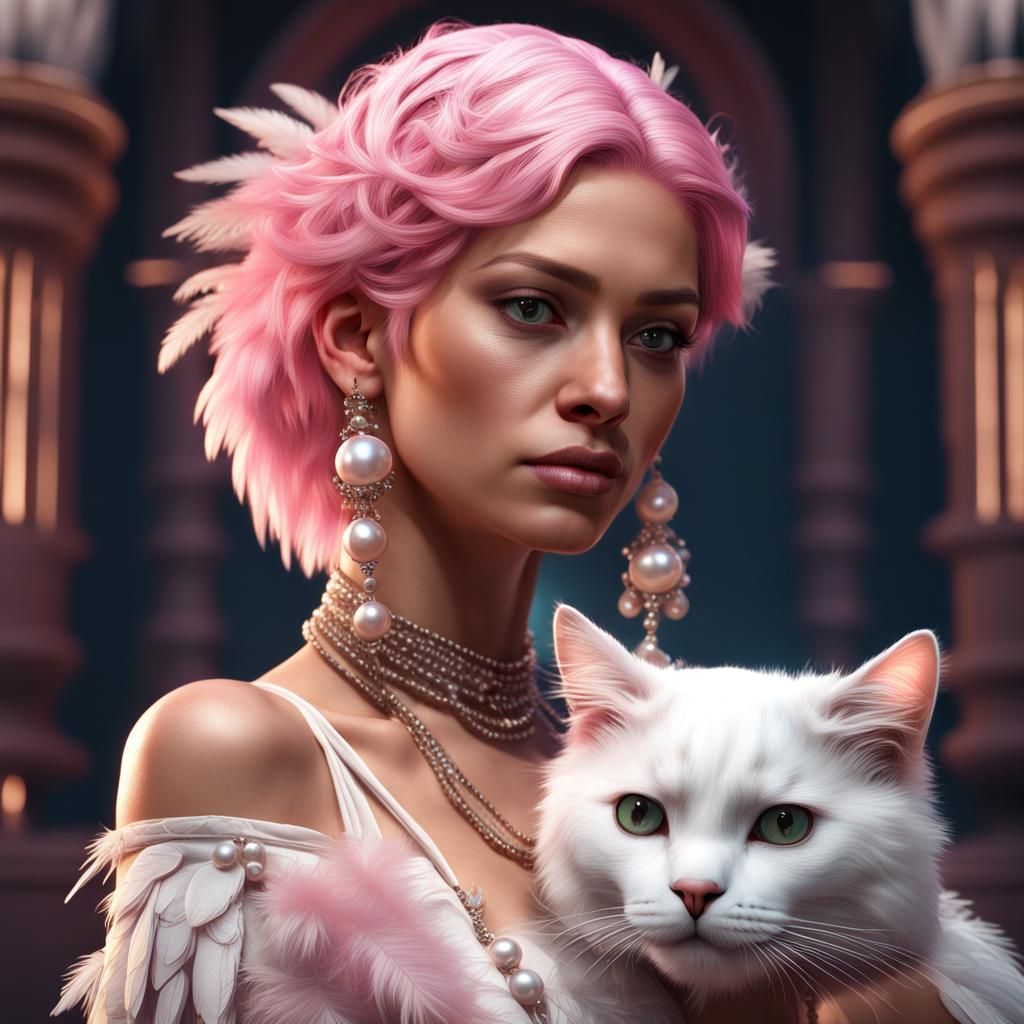 Latina with Cat, Feathers, in Detailed Digital Art