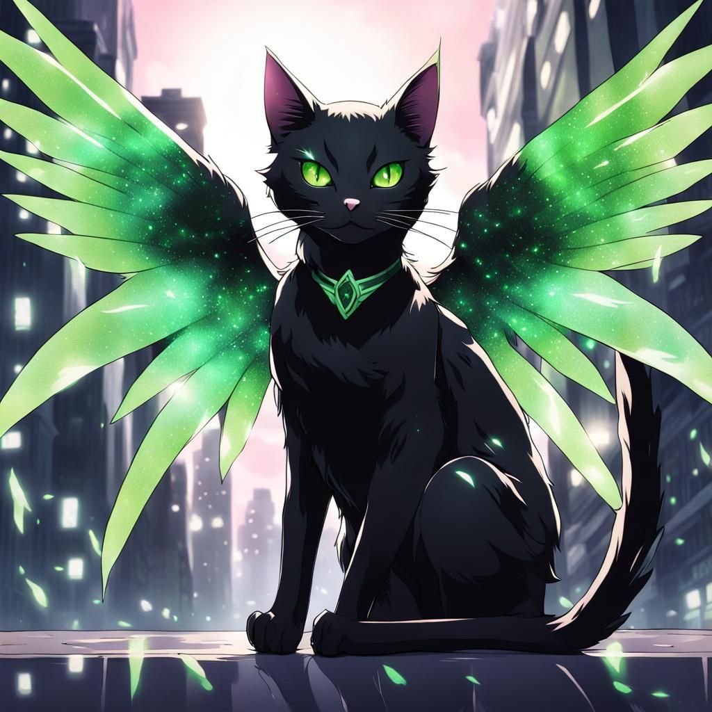 Black Cat with Green Wings in Anime Style