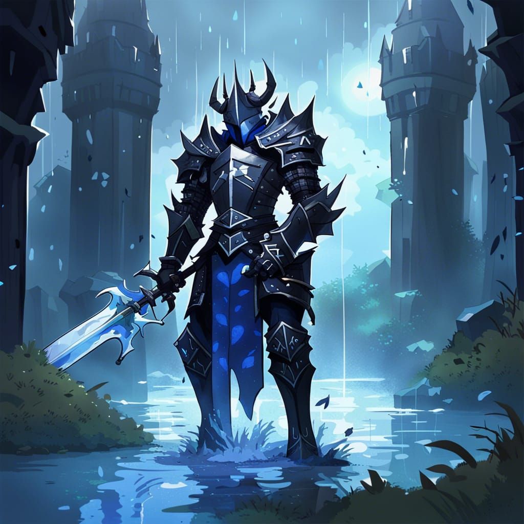 Dark Knight Guarding Ruined Castle in Anime Style