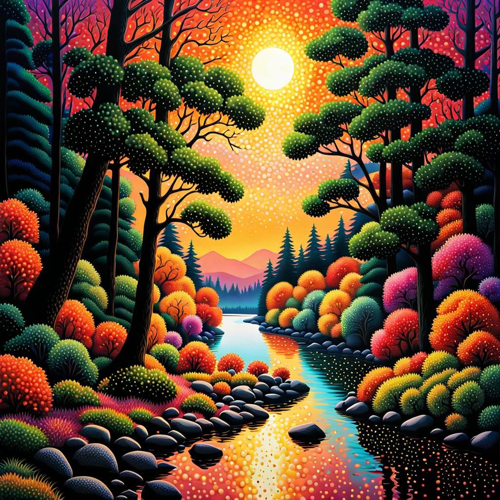 Pointillist Forest Sunset: A Surreal Optical Illusion