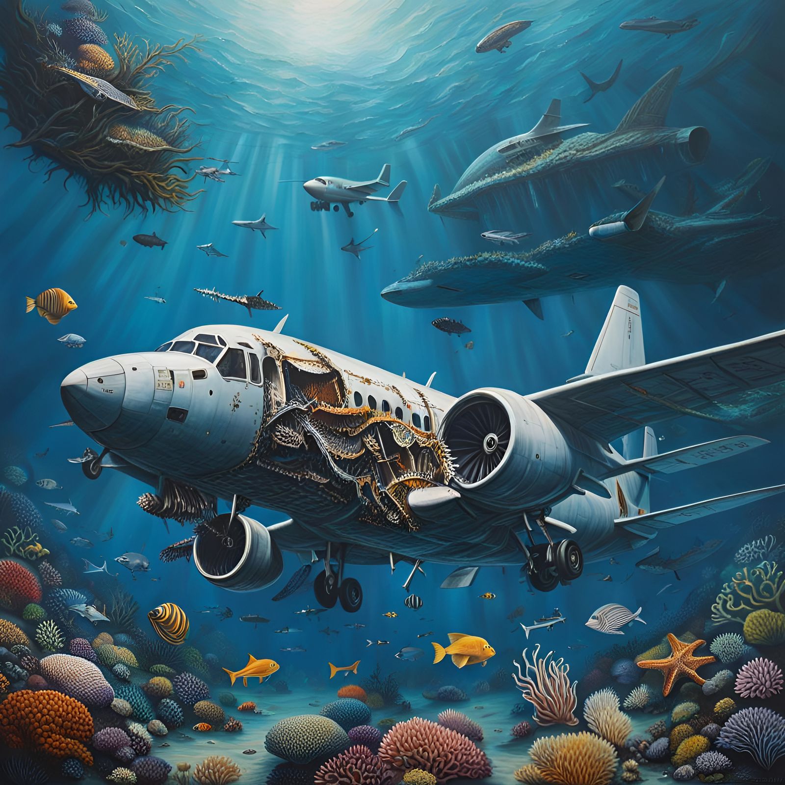 Skeletal Airplane Wreck Transformed into Ocean Habitat