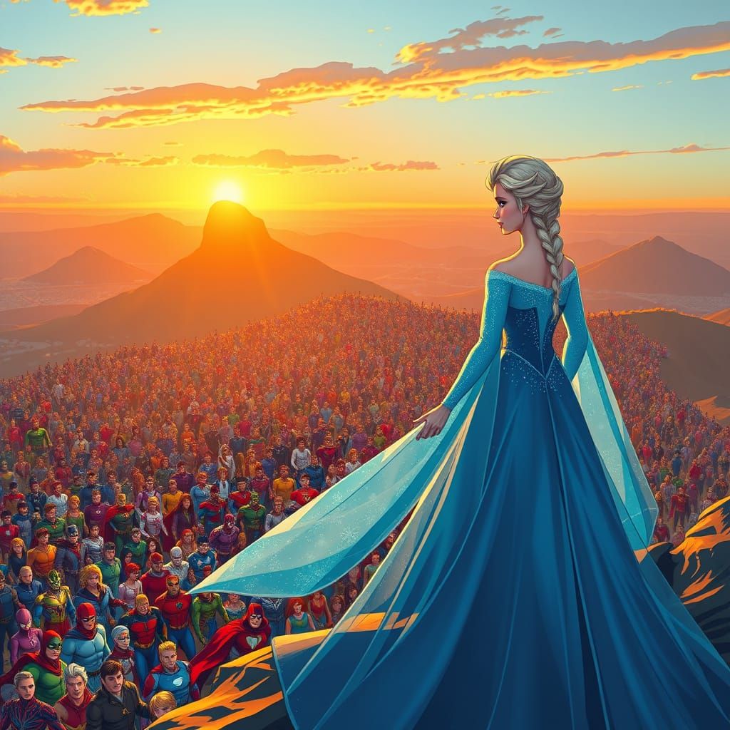 Princess Elsa Overlooks Superhero Sunset, Comic Art