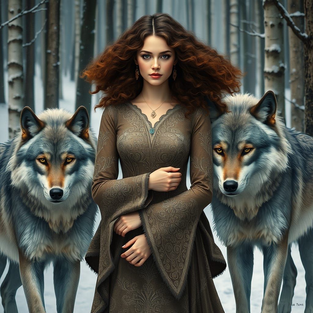 Ethereal Art Nouveau Goddess with Wolves in Snowy Forest