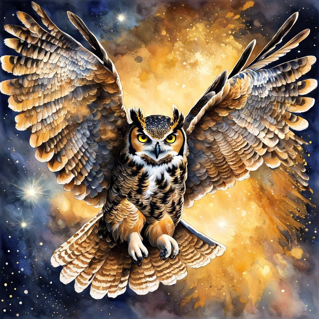 Great Horned Owl in Flight, Watercolor Style
