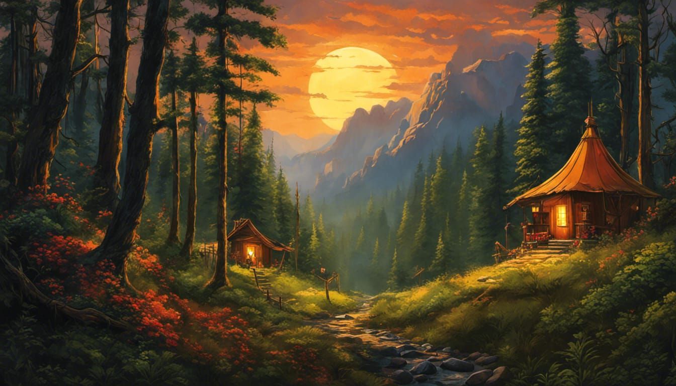 Cabin in Forest with Cowgirl, Campfire, and Horse