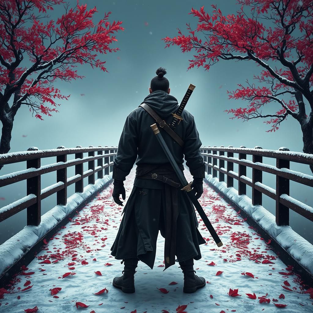 Mysterious Ninja on Snowy Bridge in Autumn