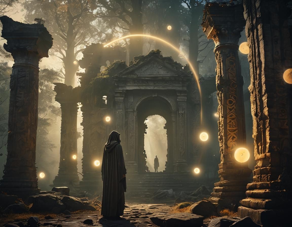Mystical Realist Cloaked Figure in Ancient Ruins