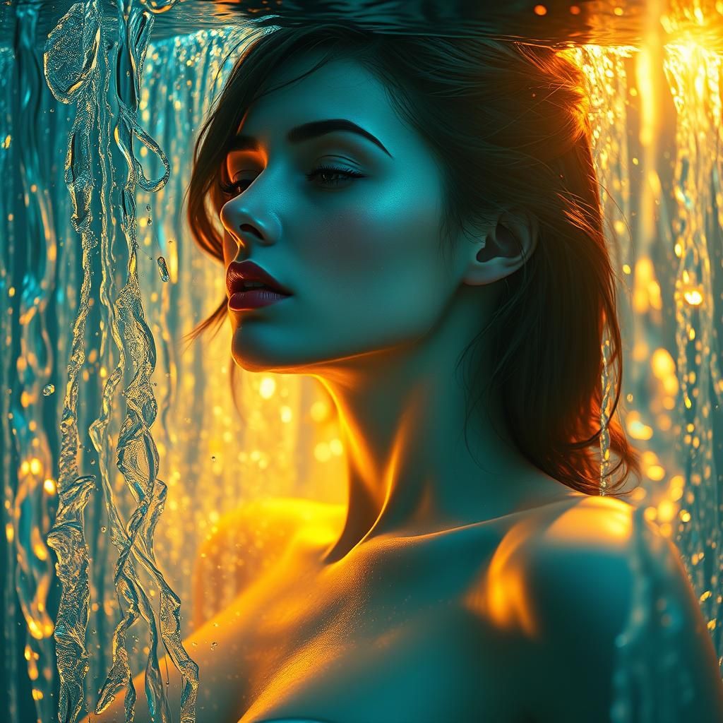 Luminous Waterfall Woman in Art Nouveau Style