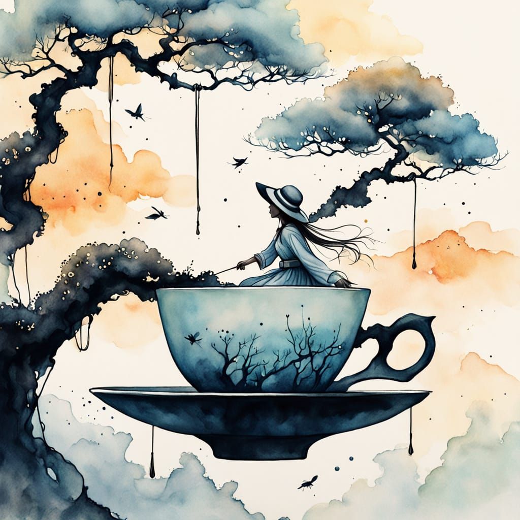 Whimsical Girl Floats Above Teacup in Dreamlike Watercolor S...