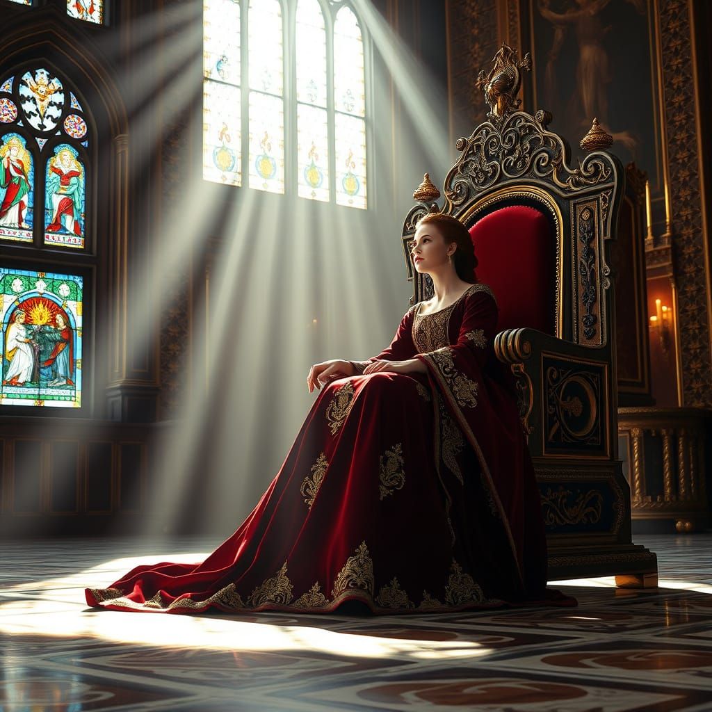Regal Queen in Crimson Velvet Gown, Grand Hall