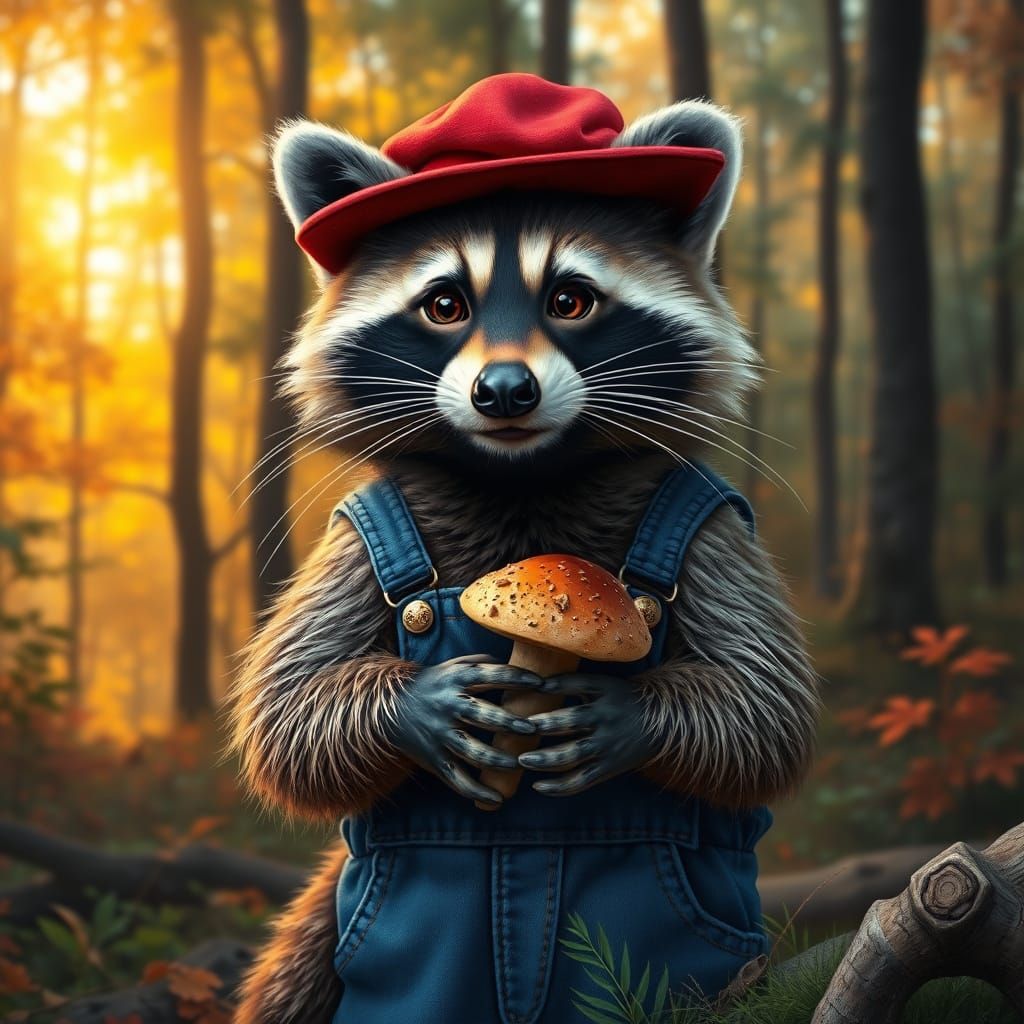 Realistic Raccoon Wears Mario Outfit in Forest