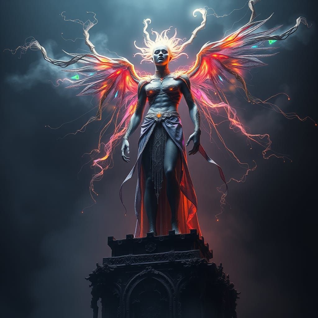 Pride Embodied: Towering Figure in Gothic Ruins