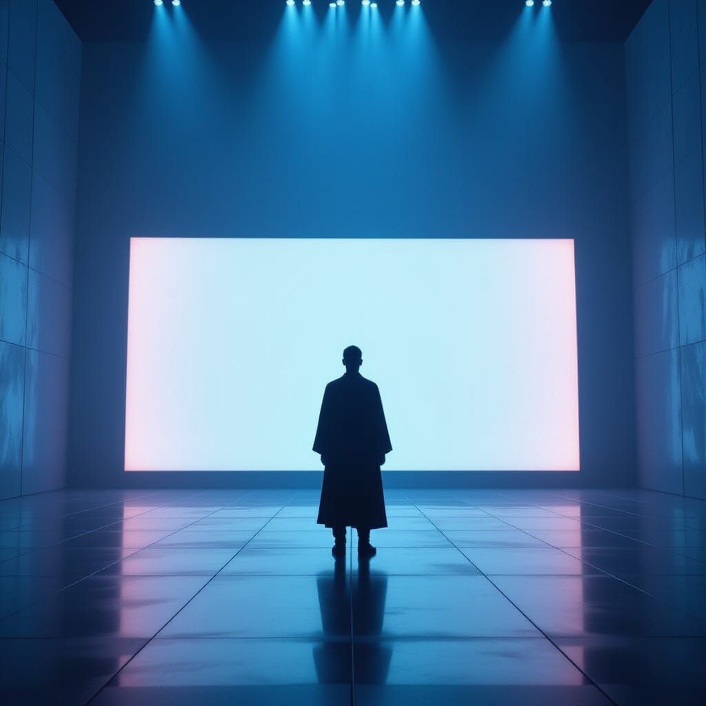 Futuristic Silhouette in Glowing Tech-Temple, Digital Art