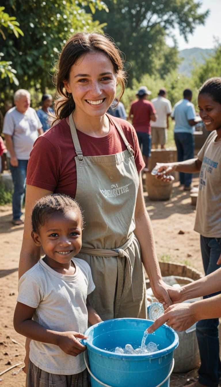 Warm Moment of Humanitarian Aid in a Sunny Outdoor Setting