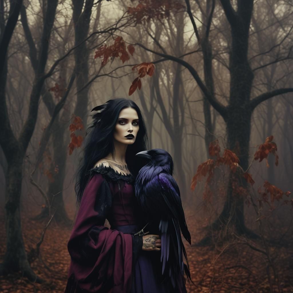 Goddess Sorceress with Crow in Autumn Forest