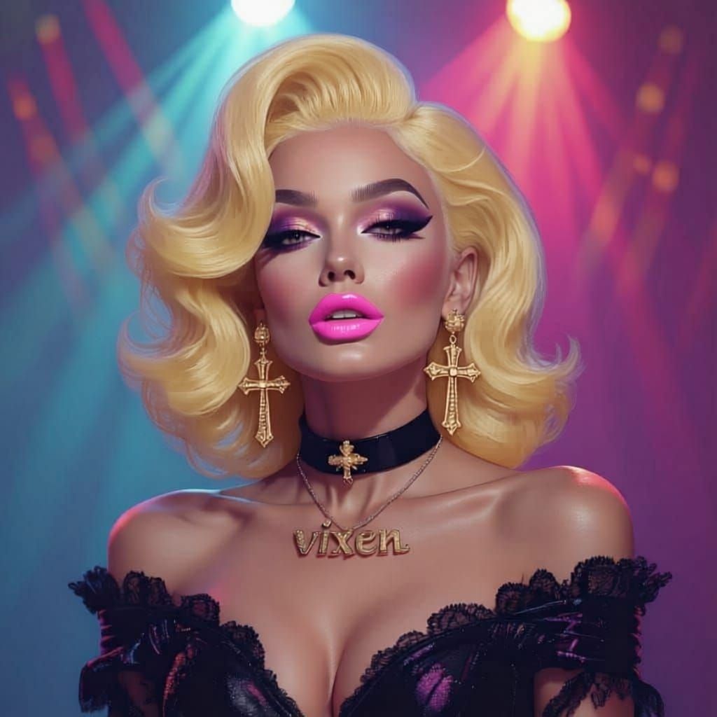 Glamorous Crossdresser with Dramatic Makeup and Stage Lighti...