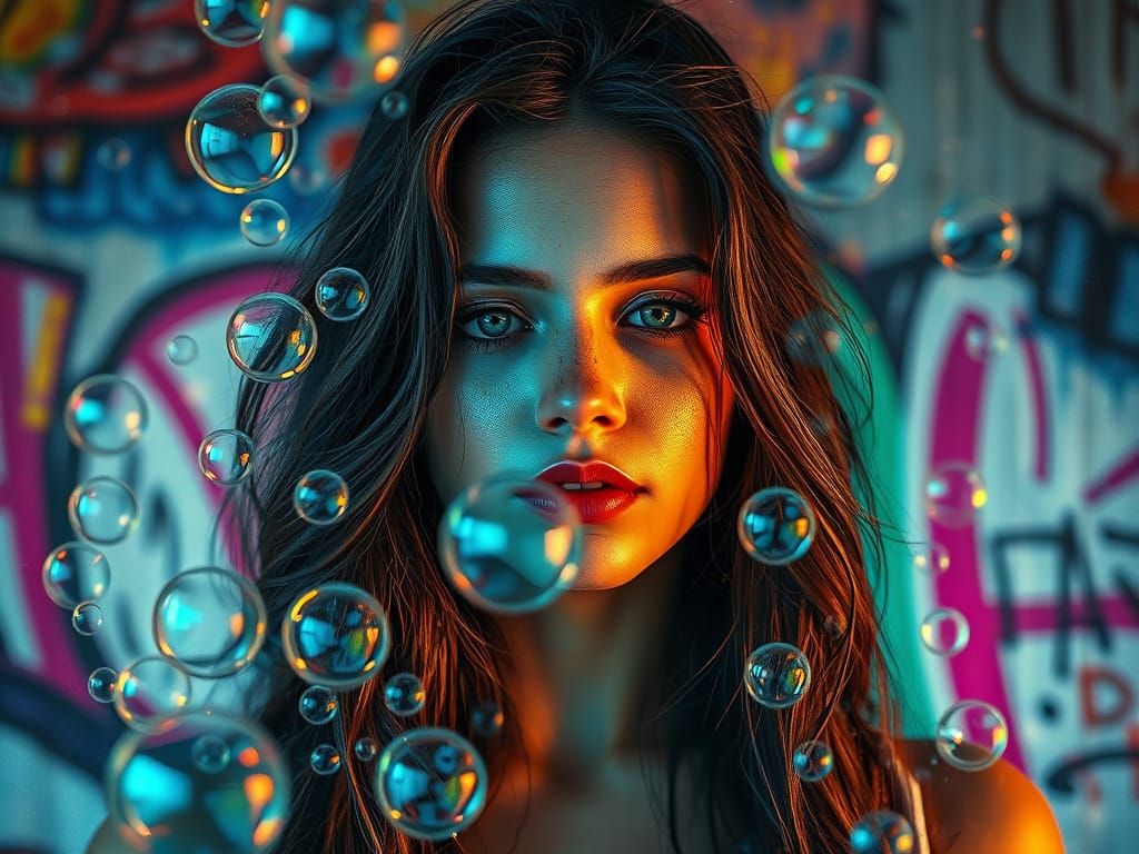 Woman in Iridescent Bubbles with Graffiti Art