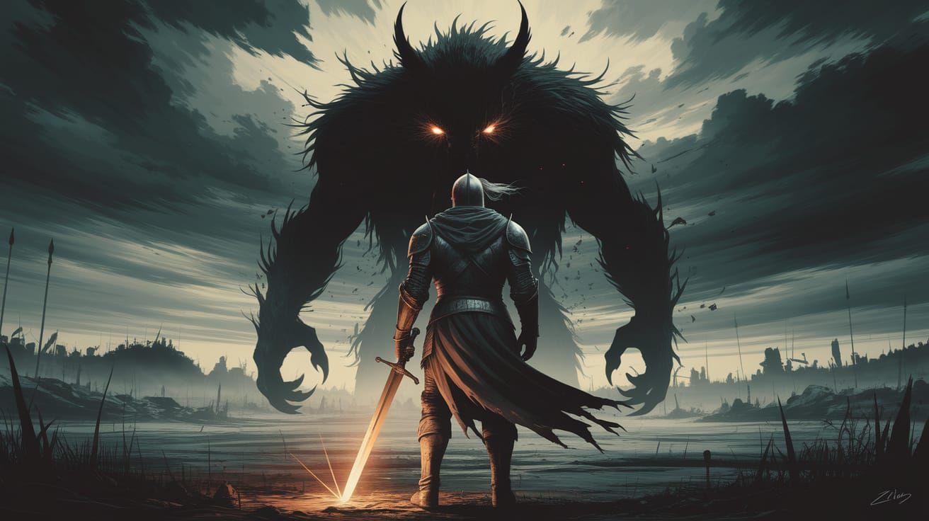 Lone Knight Battles Shadow Beast on Desolate Battlefield