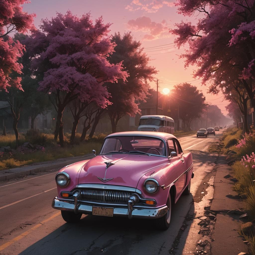 Retro Pink Car at Sunset: Hyperdetailed Digital Art