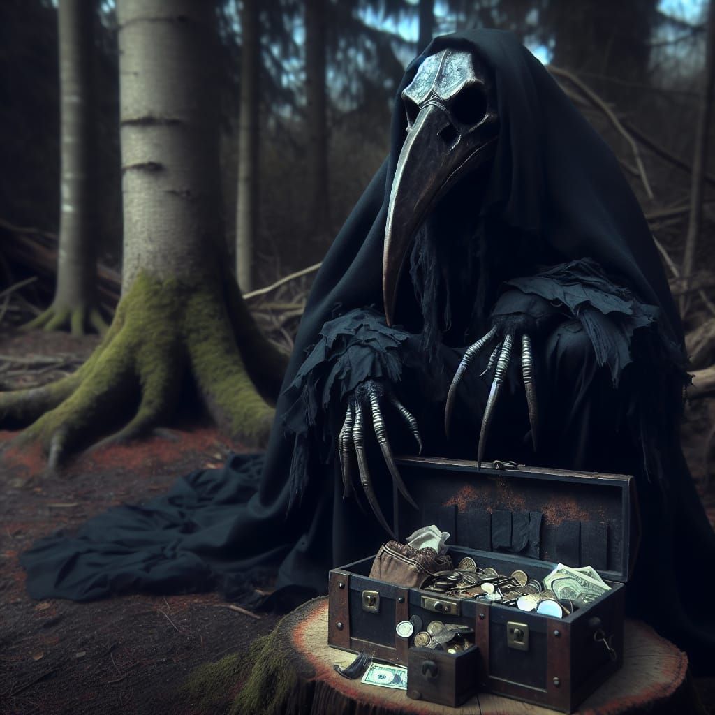 Mysterious Bird-Masked Figure in Dark Forest