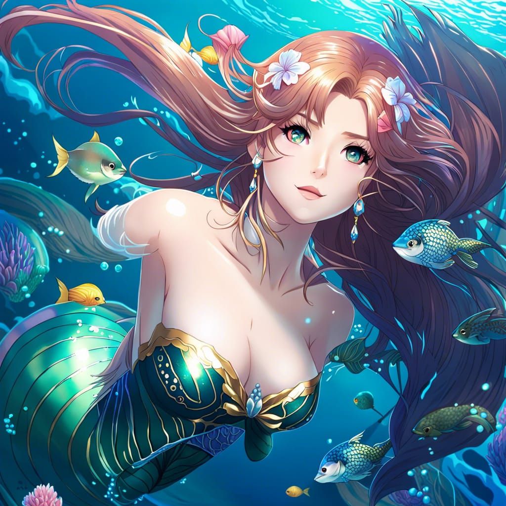 Anime-Style Mermaid in Underwater Rocco Scene