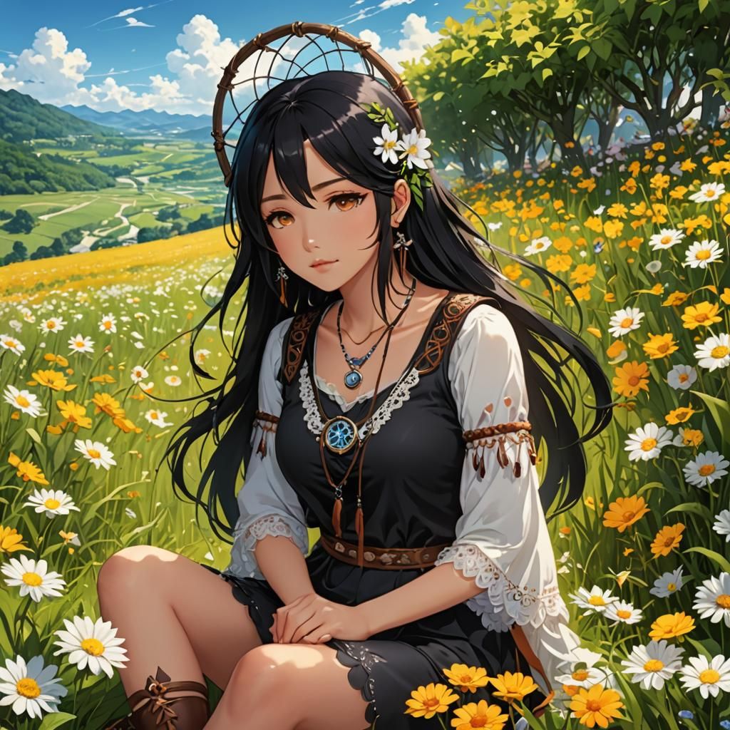 Anime Girl in Flower Field with Dreamcatcher