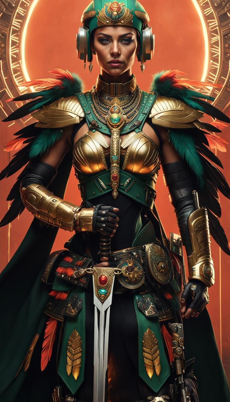 Aztec Warrior Woman in Cyberpunk Servo-Armor