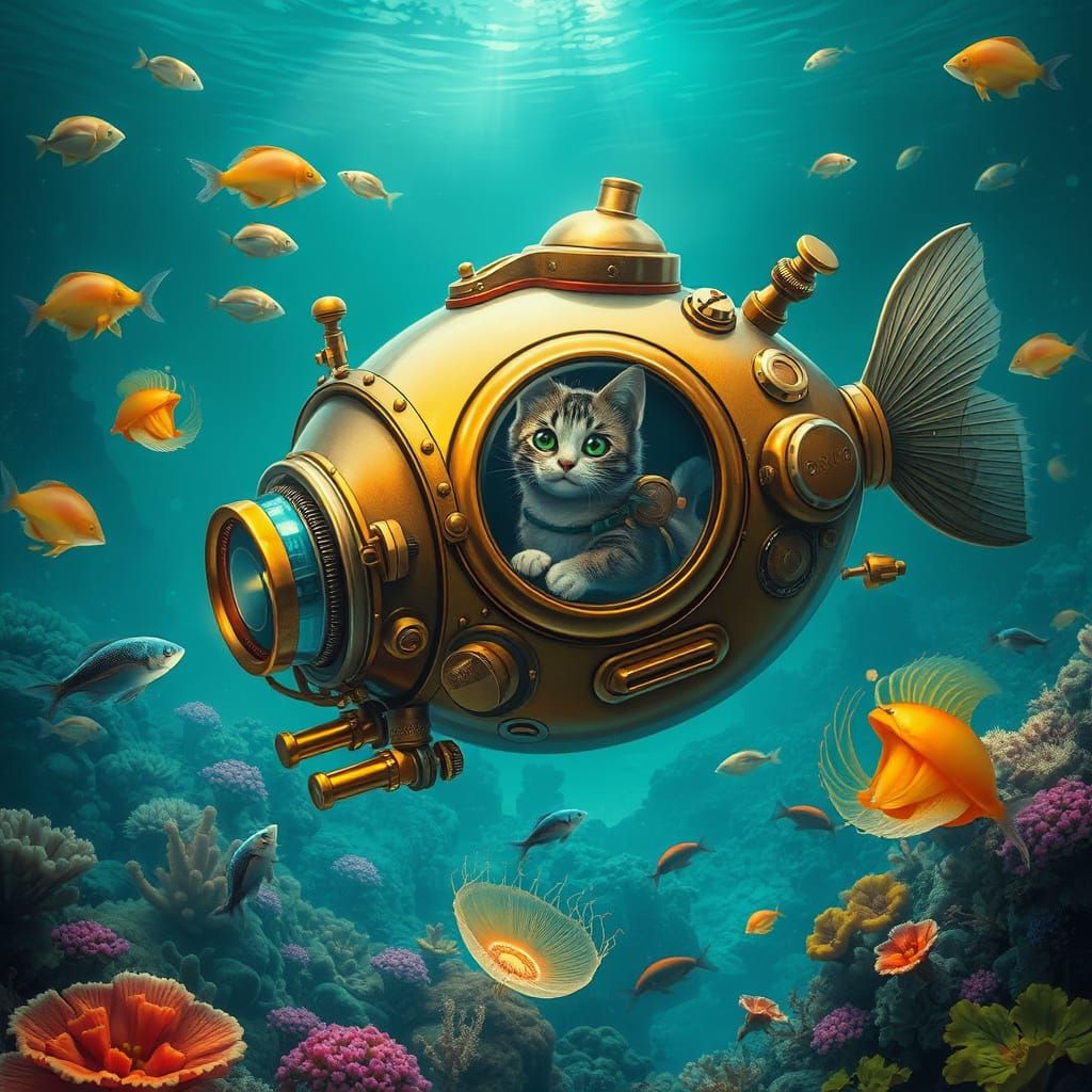 Steampunk Goldfish Submarine in Coral Reef