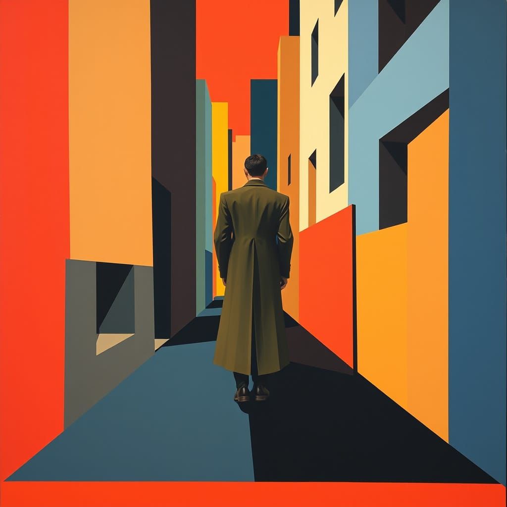 Figure in Geometric Alleyway, Abstract Cubist Style