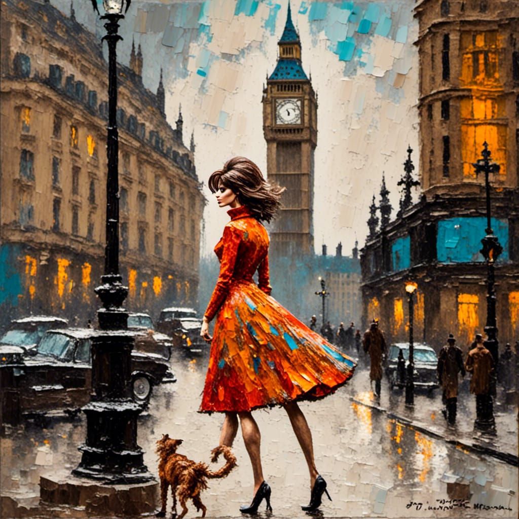 Impressionist London Scene with Mod Woman