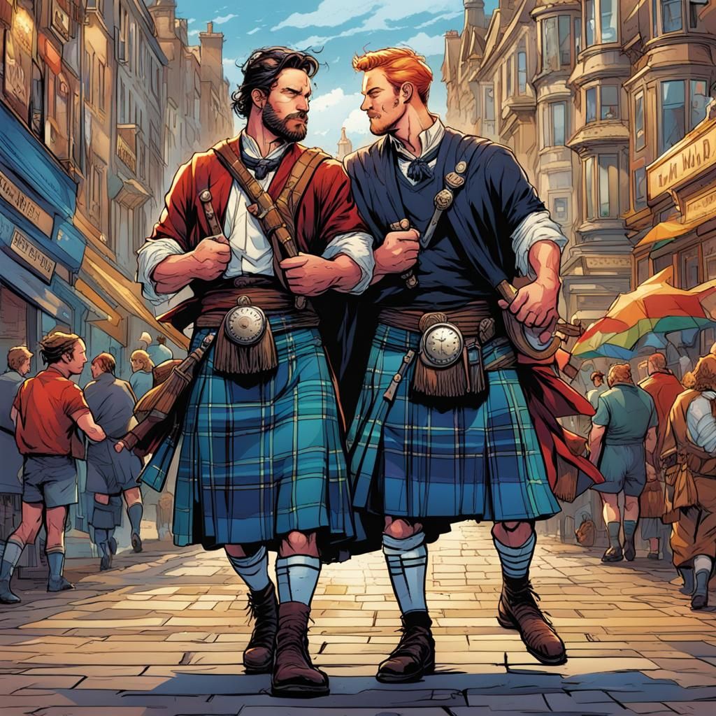 Gay Scottish Pride Kilts in Comic Book Art Style