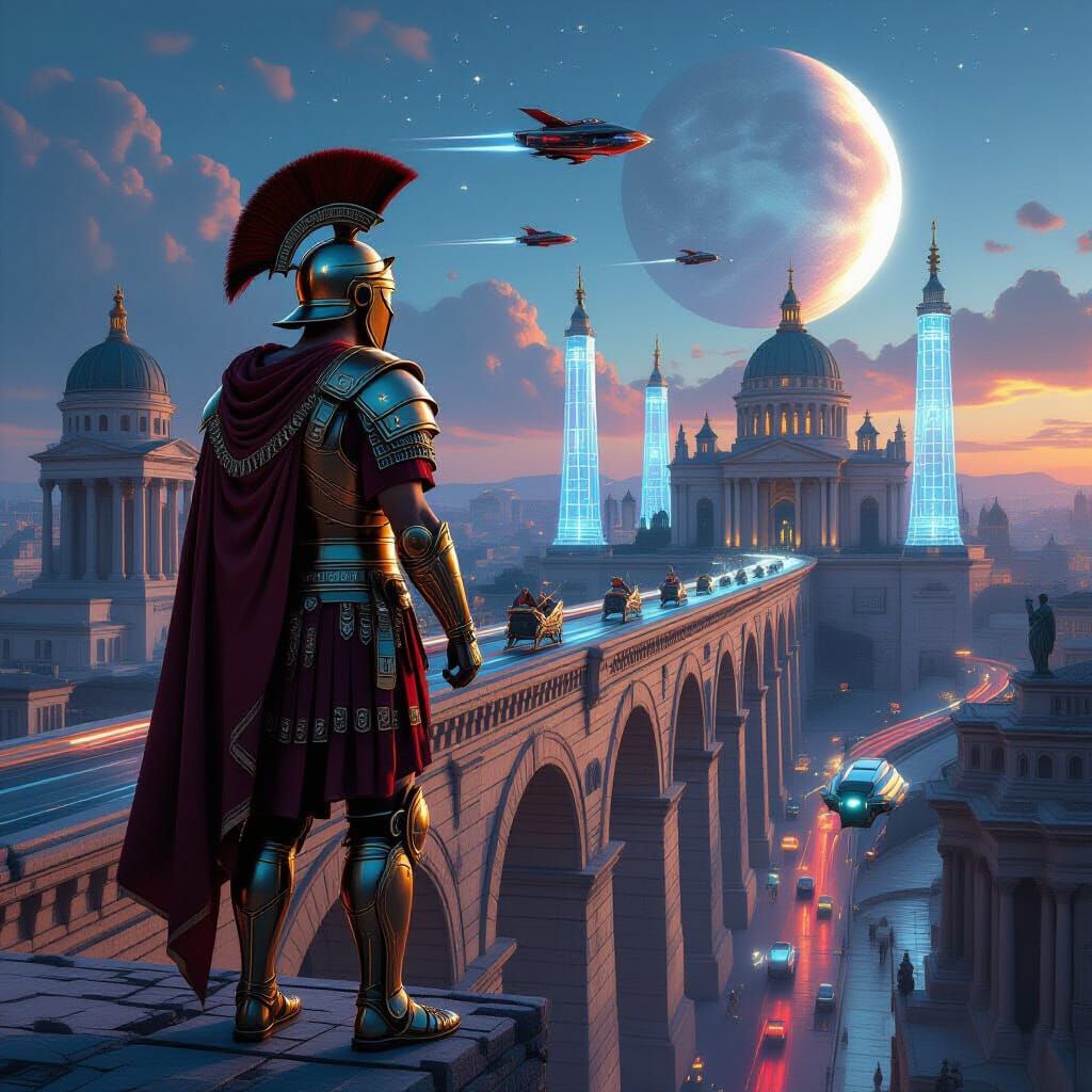 Futuristic Roman Centurion on Aqueduct Highway
