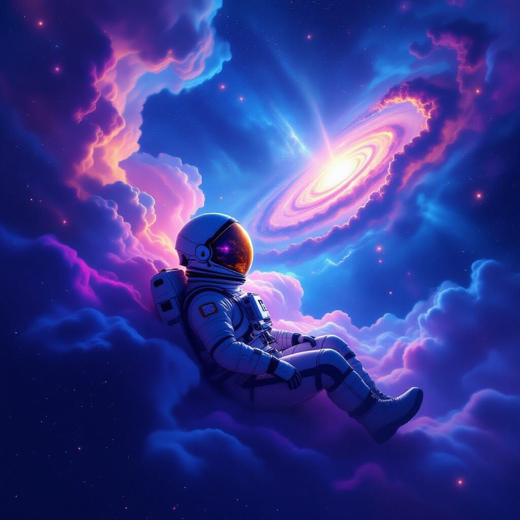 Astronaut Adrift in Cosmic Nebula, Visor Reflects Alien Gala...