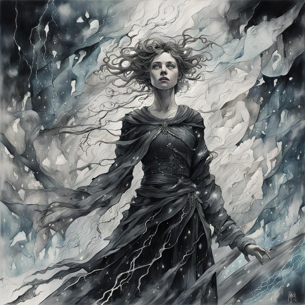 Glass Woman in Elemental Turmoil: Dark Fantasy Art