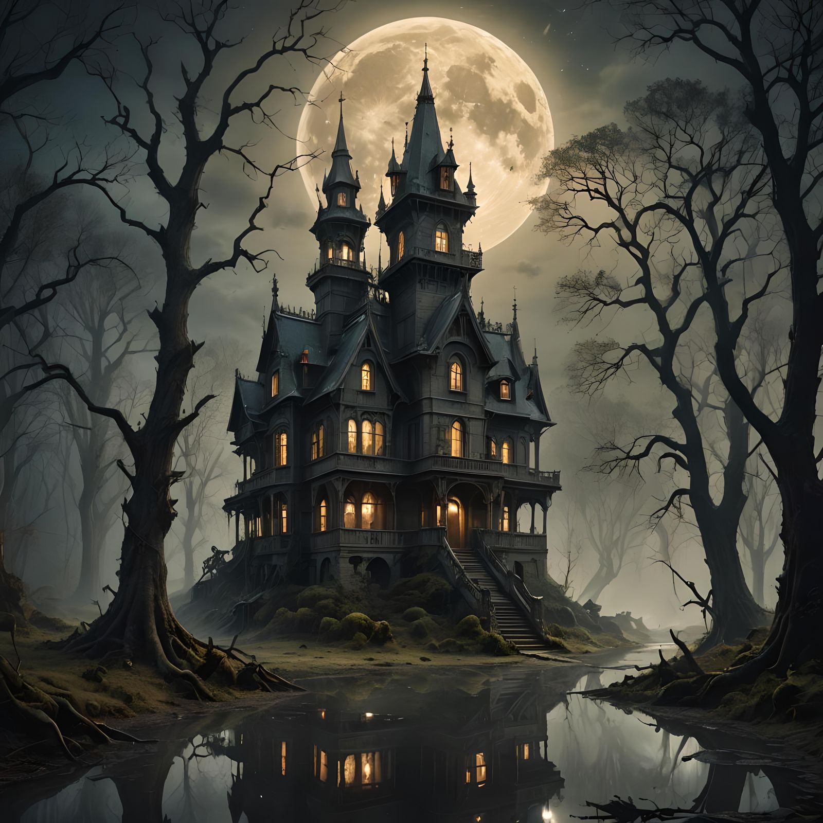 Gothic Haunted House Overlooking Creepy Forest