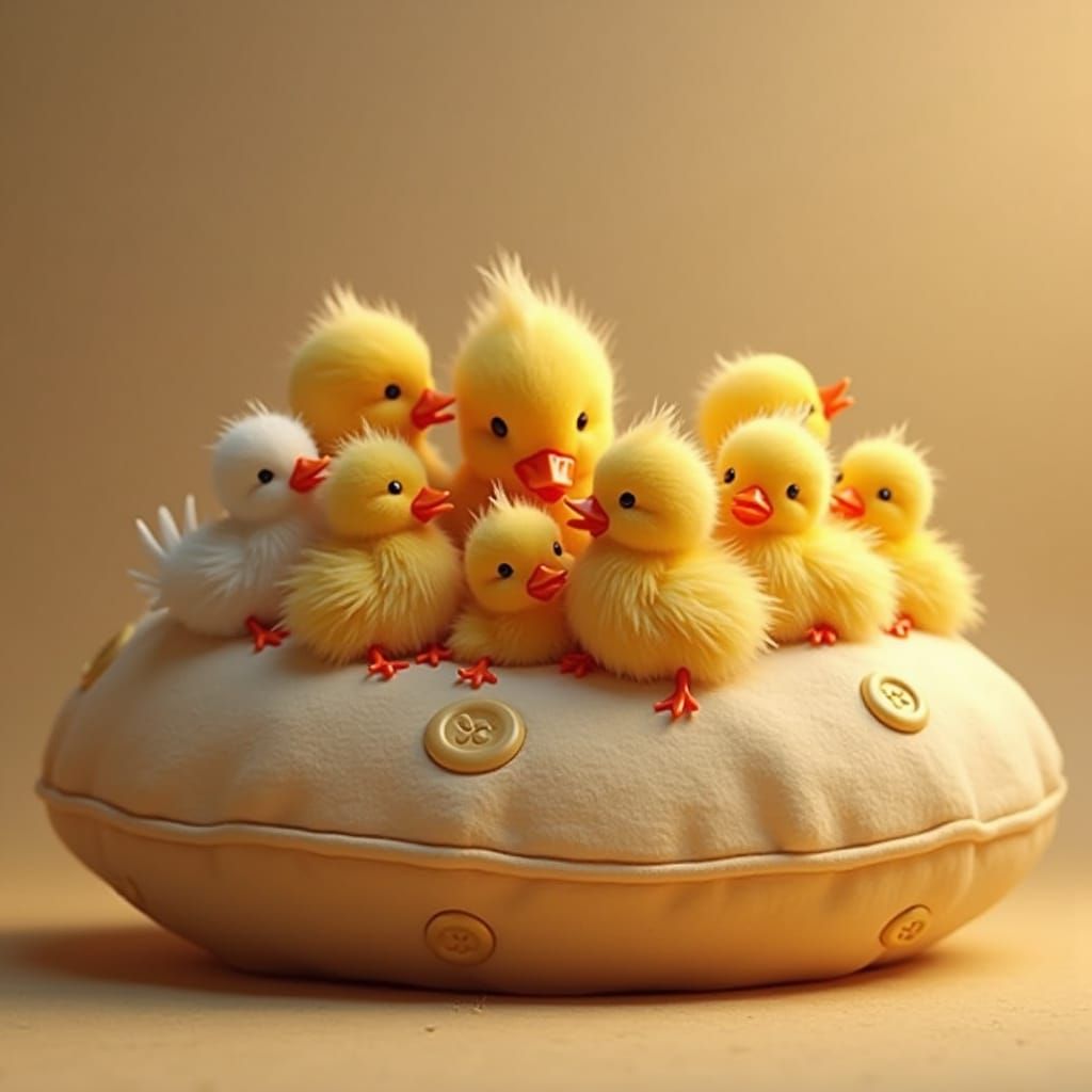 Fluffy Ducklings and Colorful Chicks on Plush Cushion