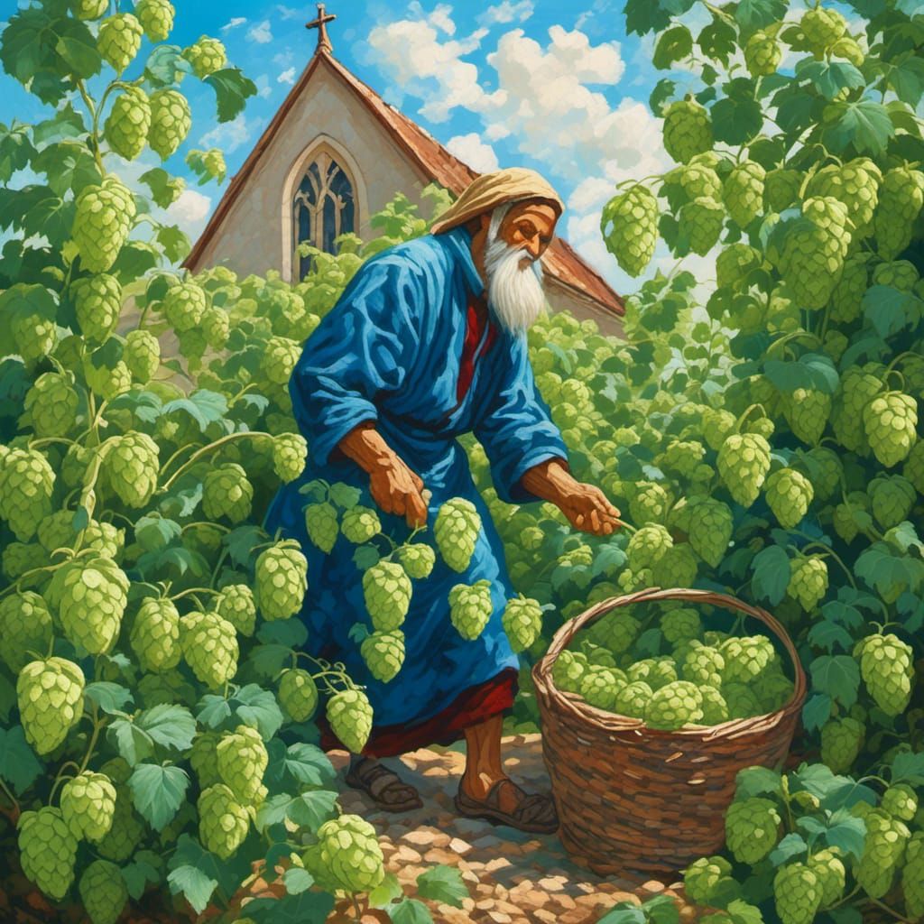 Floral Monk Cultivating Hops in Church Garden