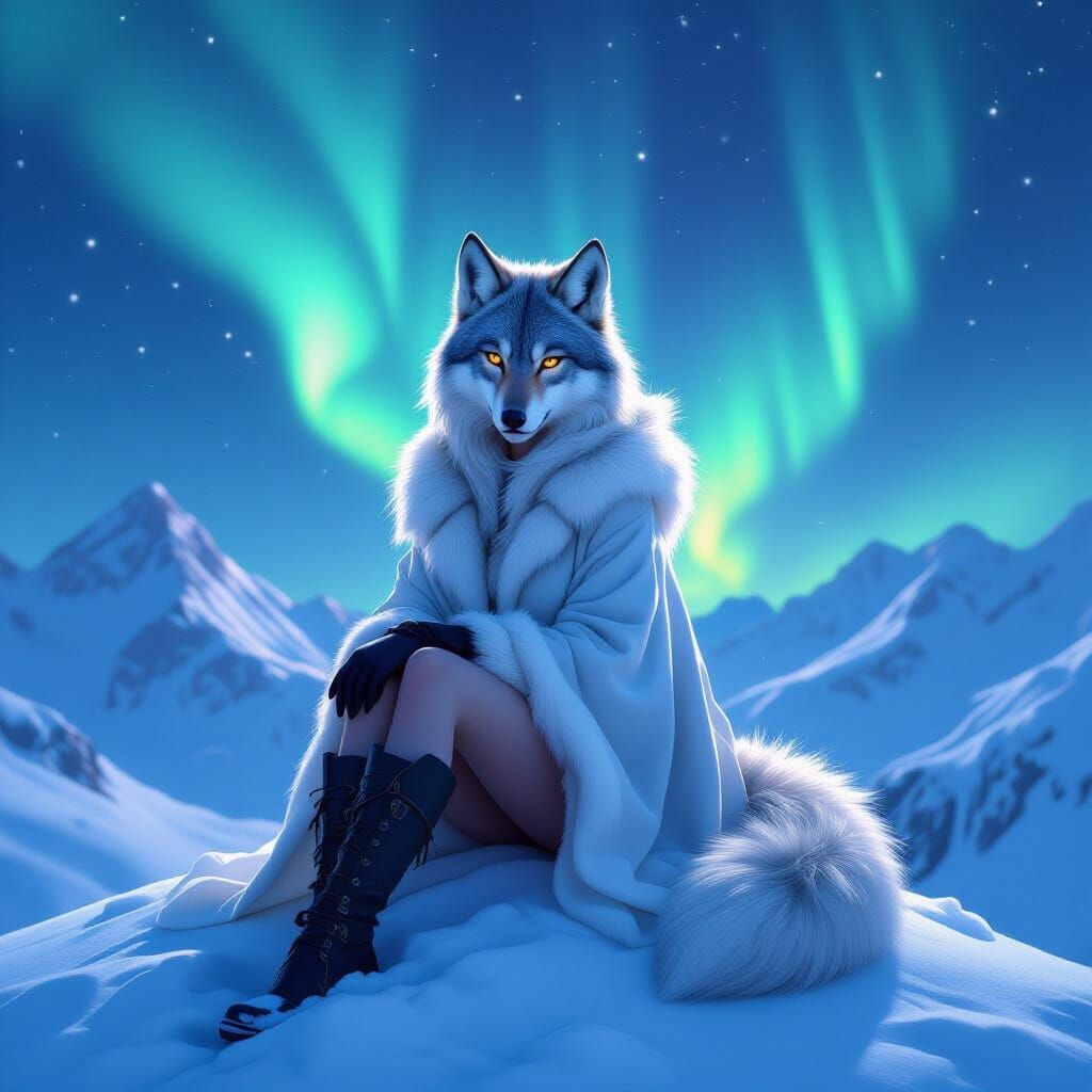 Regal Wolf Girl Under Aurora Borealis