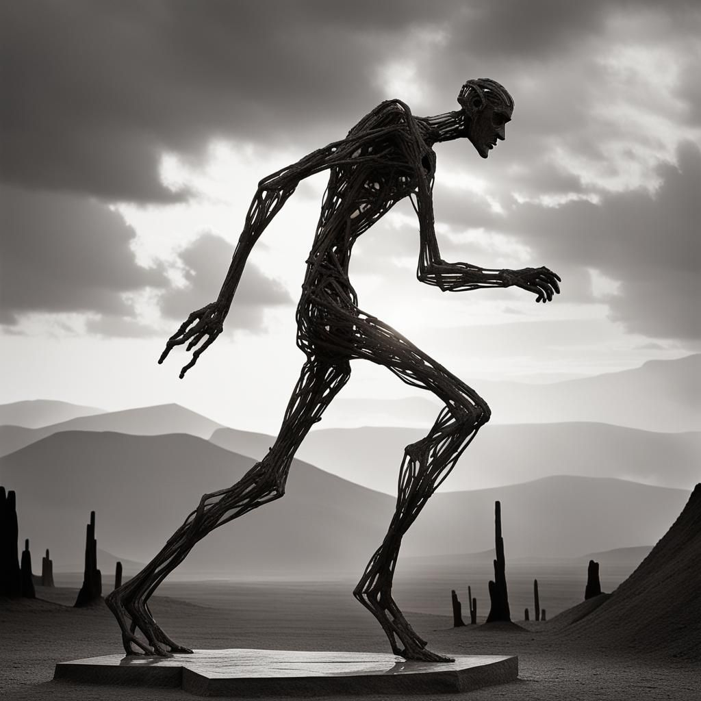 Giacometti-Style Sculpture of a Man Walking at Dusk