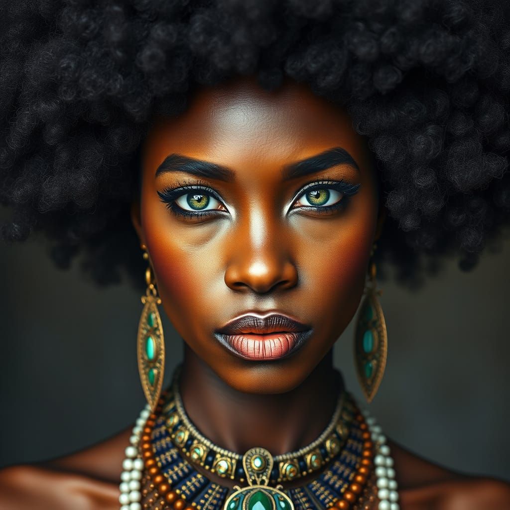 Enigmatic Afro Goddess in Hyperrealistic Portrait