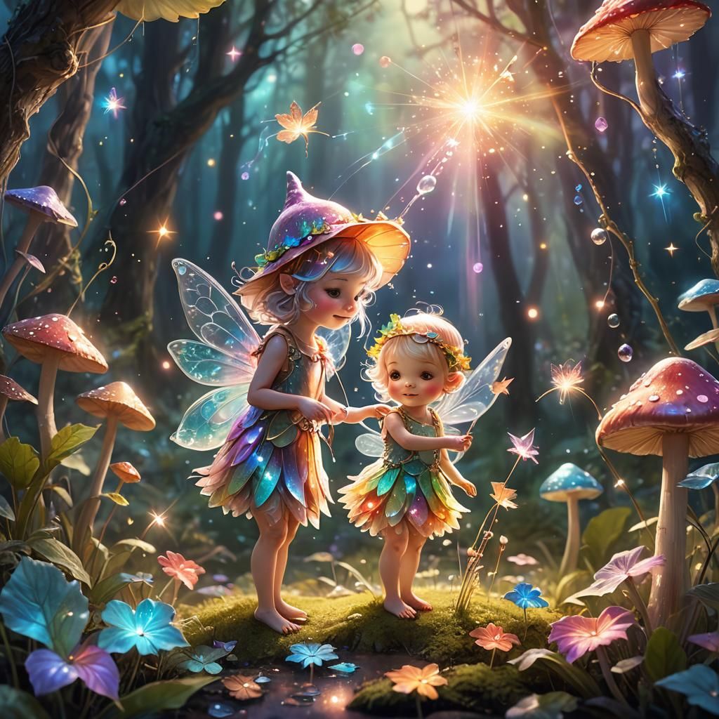 Enchanted Fairies Play Under Magic Toadstool