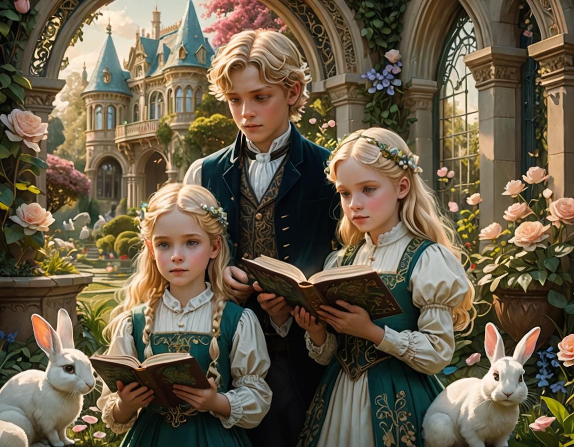 Twins Reading Magic Book in Art Nouveau Garden