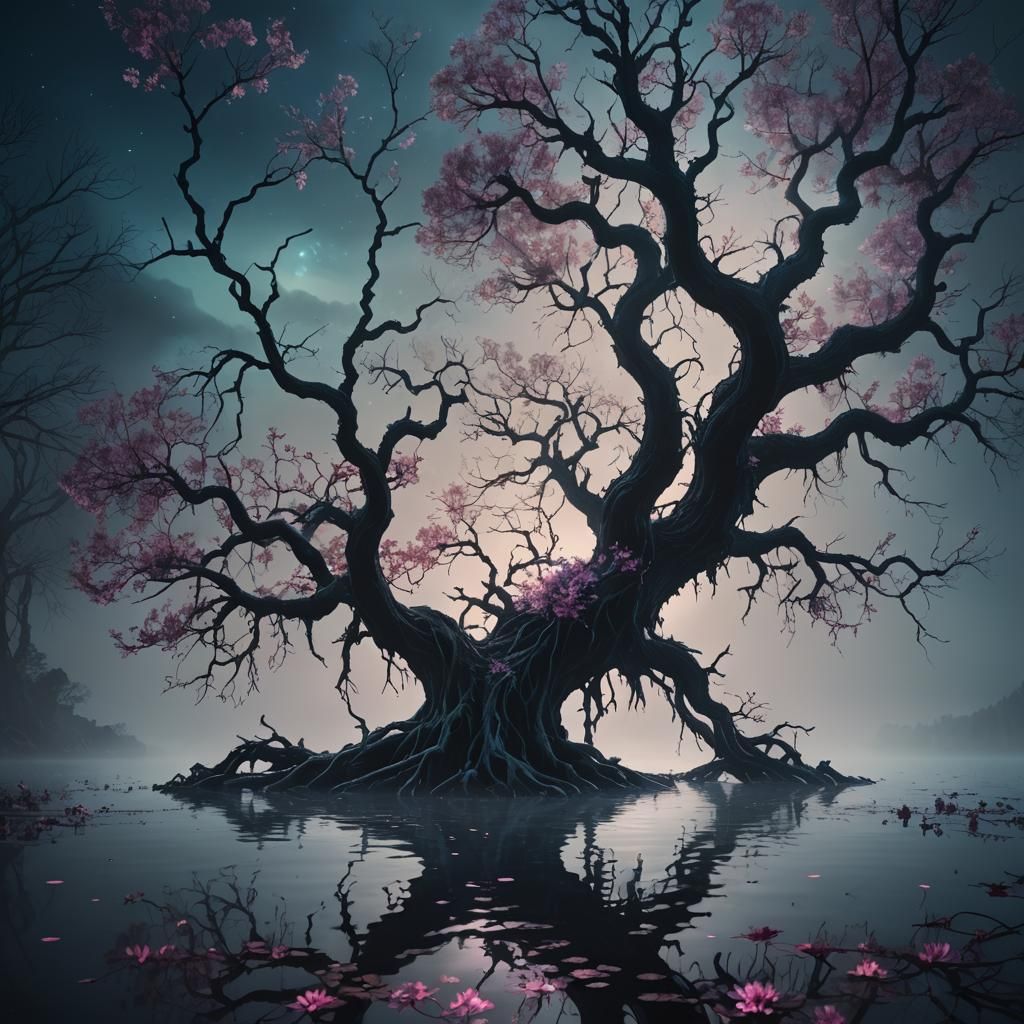 Ethereal Tree Blooms in Dark Fantasy Landscape