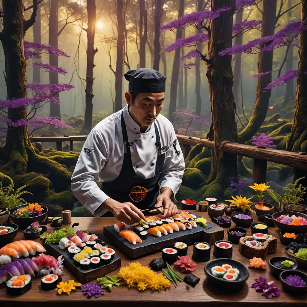Mystical Forest Sushi Creation in Matte Painting Style