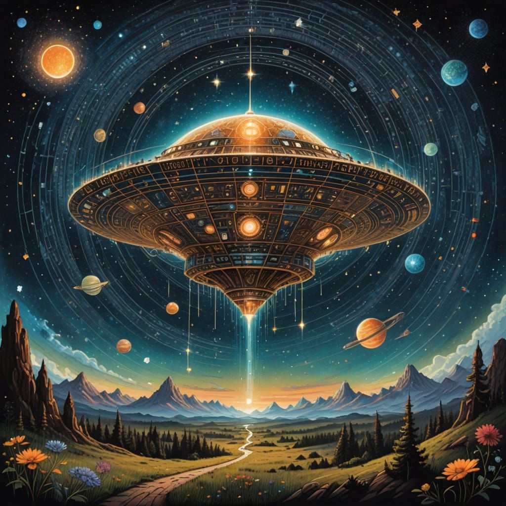 Math art, ancient manuscript illustration style, double exposure, Alien Spaceship in milkyway Galaxy, Complex Numbers, m...