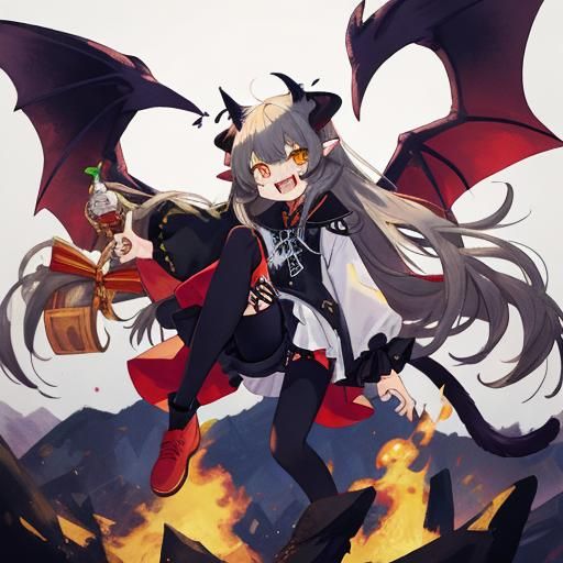 Gothic Girl with Fangs, Horns and Wings