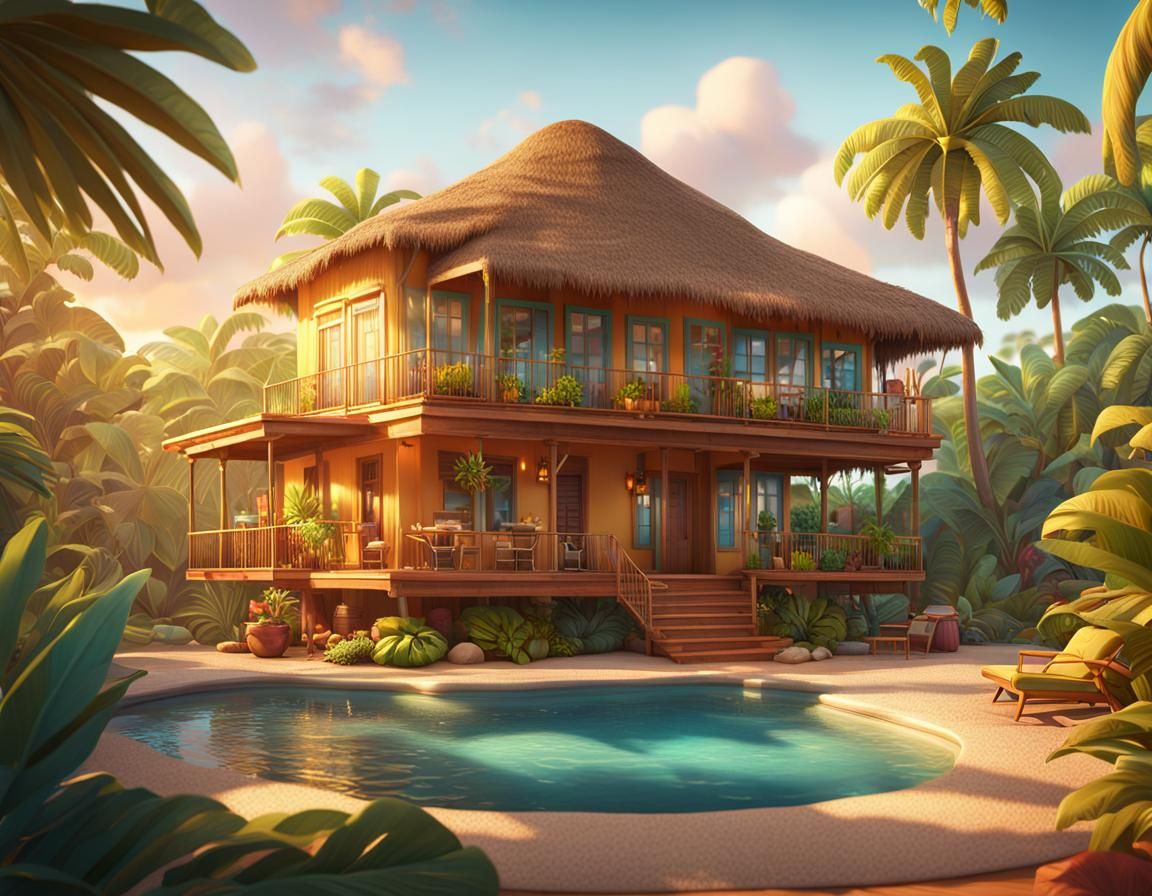 Tropical Beach House in Pixar-Style 3D Rendering