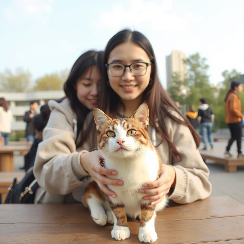 Adorable Cat Surrounded by Korean University Friends