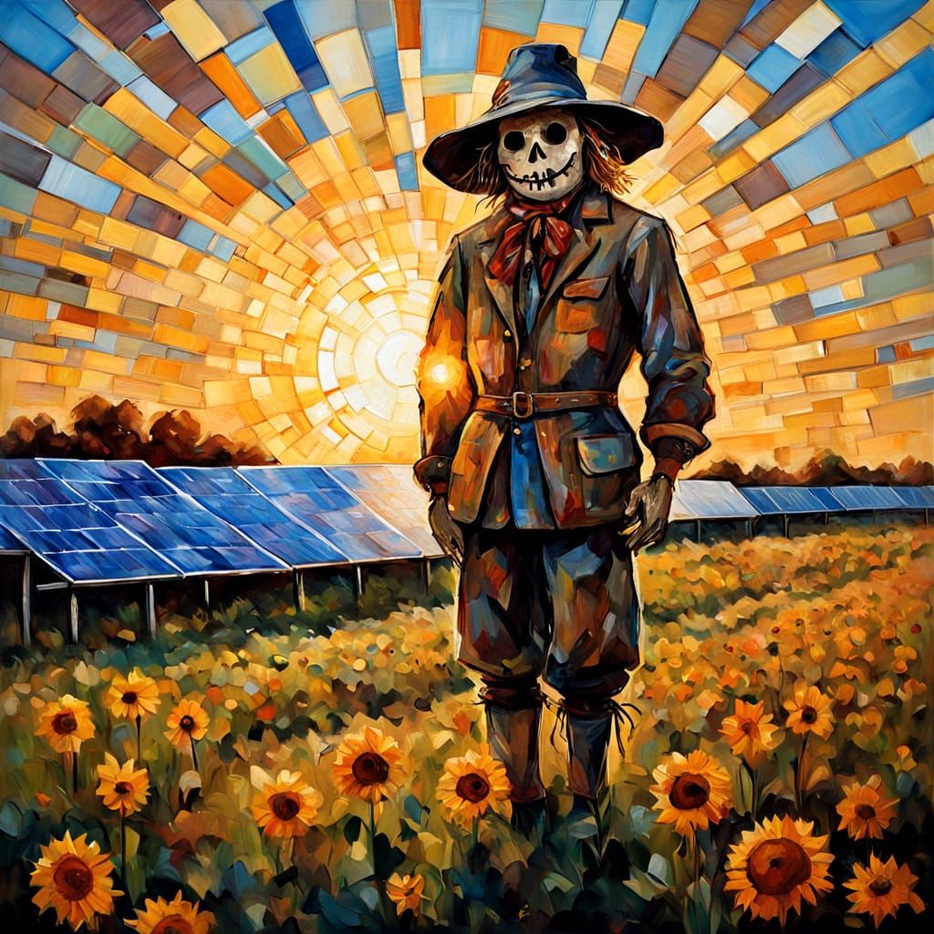Portrait of a scarecrow next to solar panels