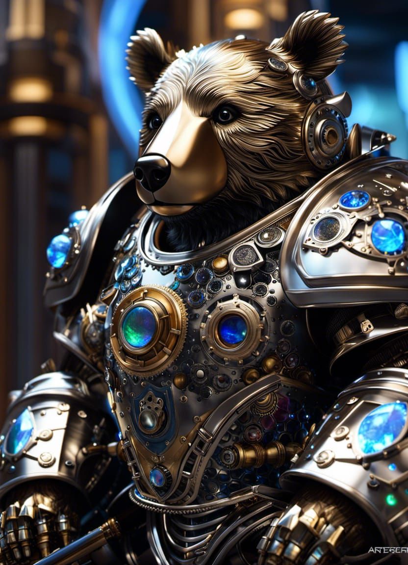 Armored Steampunk Bear with Opal and Sapphire Inlays